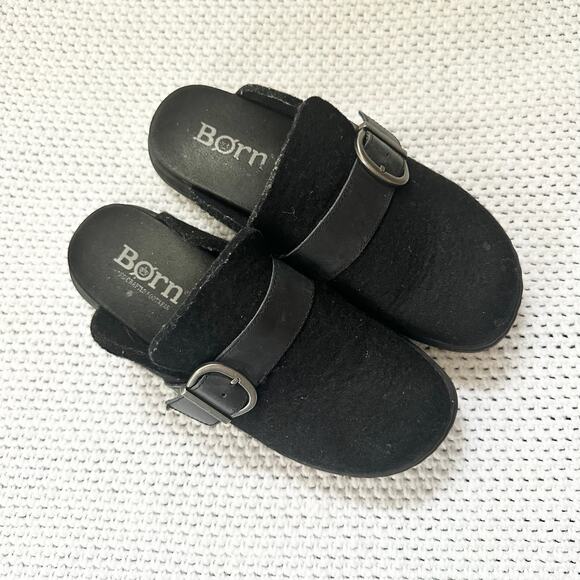 Born Comfort Black Lia Slip On Wool Open Back Clogs Buckle Strap Women 8-8.5 - Picture 1 of 7